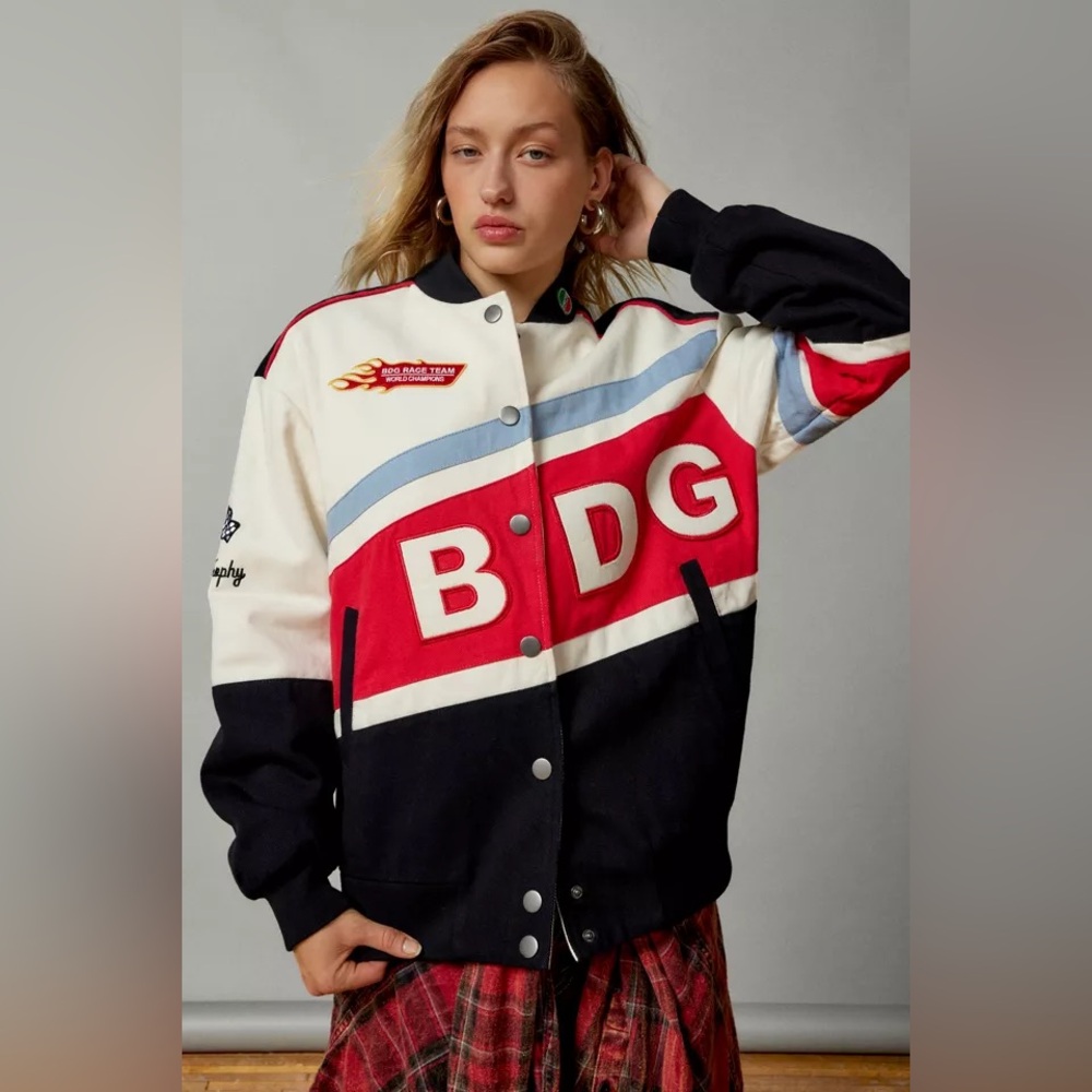 Urban Outfitters BDG Red Black White Streeter Street Moto Retro Bomber Jacket